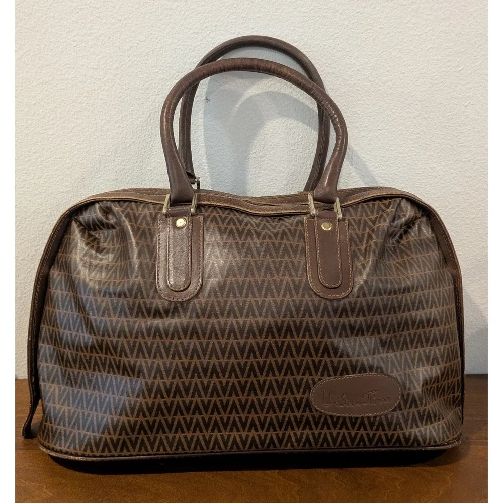 Mario Valentino Monogram Boston Bag Brown PVC Leather Satchel Made in Italy
